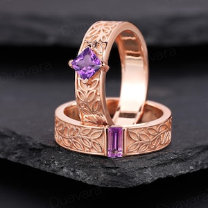 Amethyst Couple Ring Set Rose Gold Amethyst Leaf Men&#39;s Wedding Band His and Hers Matching Wedding Ring Promise Couple Ring for Men and Women