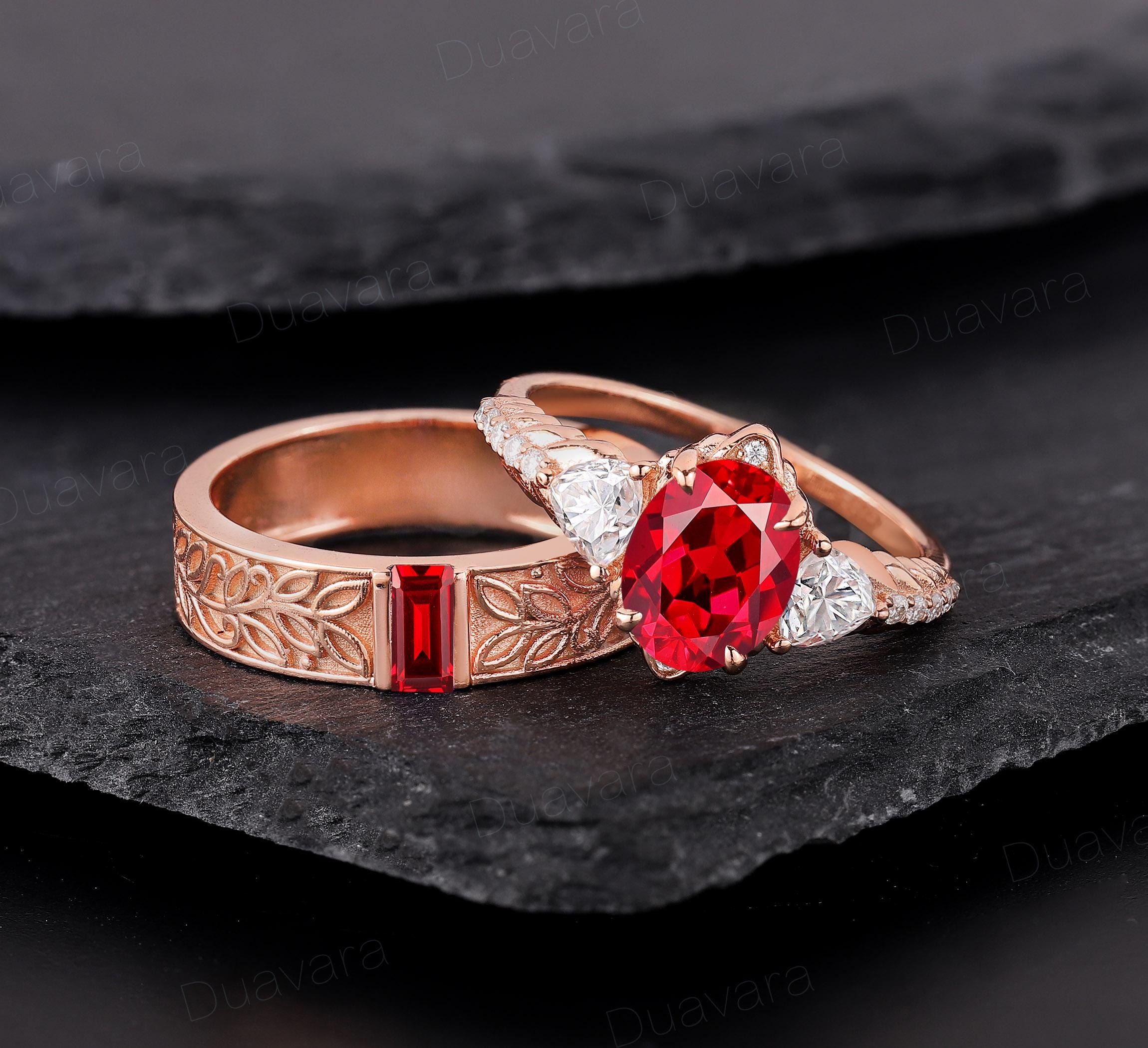 Vintage Oval Ruby Engagement Ring 14k Solid Gold Men's Wedding Band ...