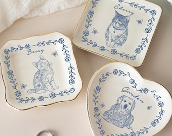 Custom Pet Jewelry Dish, Pet Memorial Jewelry Dish, Custom Dog Cat Portrait Ring Dish, Toile De Jouy Pet Ring Dish, Gift For Pet Owner, Gift