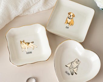 Custom Pet Jewelry Dish, Gift For Pet,Personalized Dog Cat Portrait Ring Dish,Pet Memorial Jewelry Dish,Watercolor Dog Cat Art Jewelry Tray