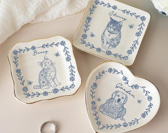 Custom Pet Jewelry Dish, Pet Memorial Jewelry Dish, Custom Dog Cat Portrait Ring Dish, Toile De Jouy Pet Ring Dish, Gift For Pet Owner, Gift