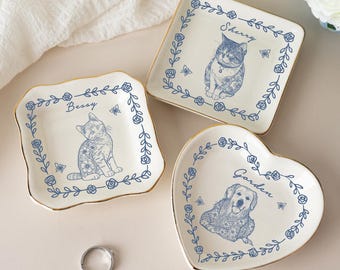 Custom Pet Memorial Jewelry Dish, Pet Jewelry Dish, Custom Dog Cat Portrait Ring Dish, Toile De Jouy Pet Ring Dish, Gift For Pet Owner, Gift