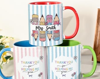 Personalized Teacher Mug with Name, Custom Striped Teacher Coffee Cup, Teacher Appreciation Gift, Back to School Gift, Custom Apple Mug