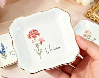 Personalised Birth Flower Ring Dish, Watercolor Floral Trinket Dish for Her, Birthday Jewelry Dish, Bridesmaid Gift, Valentine's Day Gift