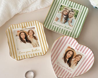 Personalized Bridesmaid Photo Jewelry Dish, Custom Ceramic Trinket Tray, Maid of Honor Gift, Wedding Party Keepsake,Bestie Striped Ring Dish