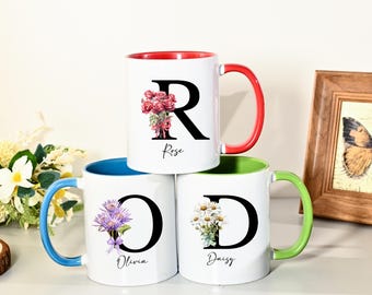 Personalized Birth Flower Coffee Mug, Custom Birthflower Cup, Monogram Initial Name, Birthday Mugs, Bridal Shower Gift, Gifts for Bridesmaid