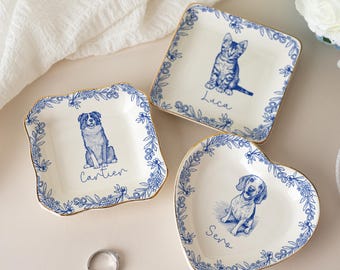 Personalized Pet Jewelry Dish, Pet Memorial Jewelry Dish, Custom Dog Cat Portrait Ring Dish, Toile De Jouy Pet Ring Dish, Gift For Pet Owner