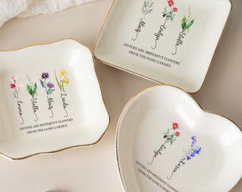 Personalized Ring Dish for Sister,Sisters are Different Flowers from the Same Garden,  Besties Flower Ring Holder, Friendship Jewelry Dish
