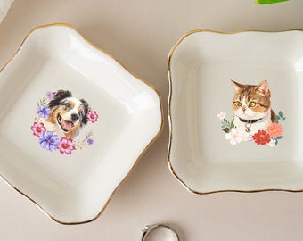 Custom Pet Jewelry Dish, Personalized Dog Cat Portrait Ring Dish, Gift For Pet,Pet Memorial Jewelry Dish,Watercolor Dog Cat Art Jewelry Tray