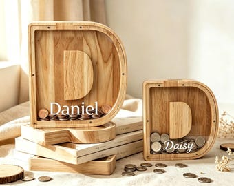 Personalized Coin bank, Custom Name Wooden Alphabet bank for Children, Thanksgiving and Birthday Gift, Kids Initial Coin Bank