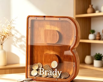 Personalized Letter Coin bank, Custom Name Initial Piggy Bank, Christmas and Birthday Gift For Children, Wooden Coin Bank, Kids Keepsake