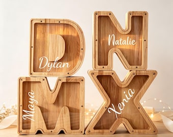 Custom Wooden Letter Piggy Bank, Personalized Initial Money Box for Kids, Alphabet Coin Holder, Toddler Birthday Gift, Nursery Room Decor