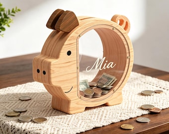 Personalized Piggy Bank for Kids, Custom Name Child Savings Box, Thanksgiving and Christmas Gift for Children, Wood Money Box, Nursery Decor