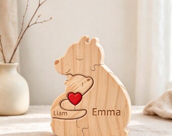 Personalized Wooden Bear Family Puzzle, Custom Engraved Name Decor, Animal Keepsake, Tabletop Wood Art, Custom Family Gift, Christmas Gift