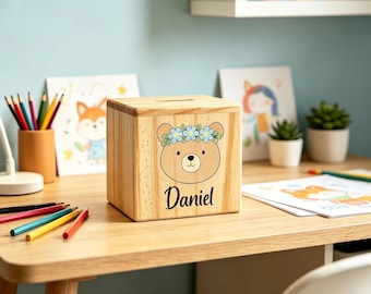 Personalized Name Piggy Bank, Custom Animal Wood Coin Bank, Baby Shower and Birthday Gift, Christening Gifts, Nursery Decor, Kids Money Box