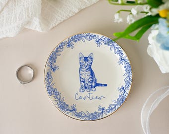 Personalized Pet Jewelry Dish, Pet Memorial Jewelry Dish, Custom Dog Cat Portrait Ring Dish, Toile De Jouy Pet Ring Dish, Gift For Pet Owner