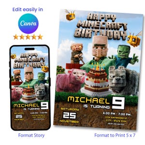 Cartão de convite para festa do filme Minecraft: festa épica do Minecraft, diversão, aventura, participe da celebração, edição limitada, convite exclusivo!