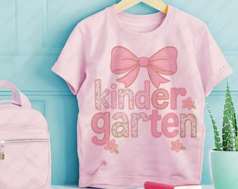 Kindergarten PNG: Pink Bow & Floral Letters - First Day of School (Digital Download)