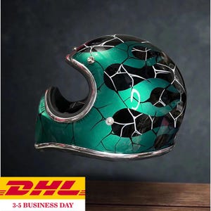 Custom Retro Full Face Motorcycle Helmet, Green Airbrush Cracked Design, Vintage Cafe Racer Biker Gear Dhl Express