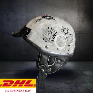 Custom Tattoo Art Retro Helmet Grunge Style Motorcycle Helmet with Devil Girl & Flash Ink Graphics Dhl Express