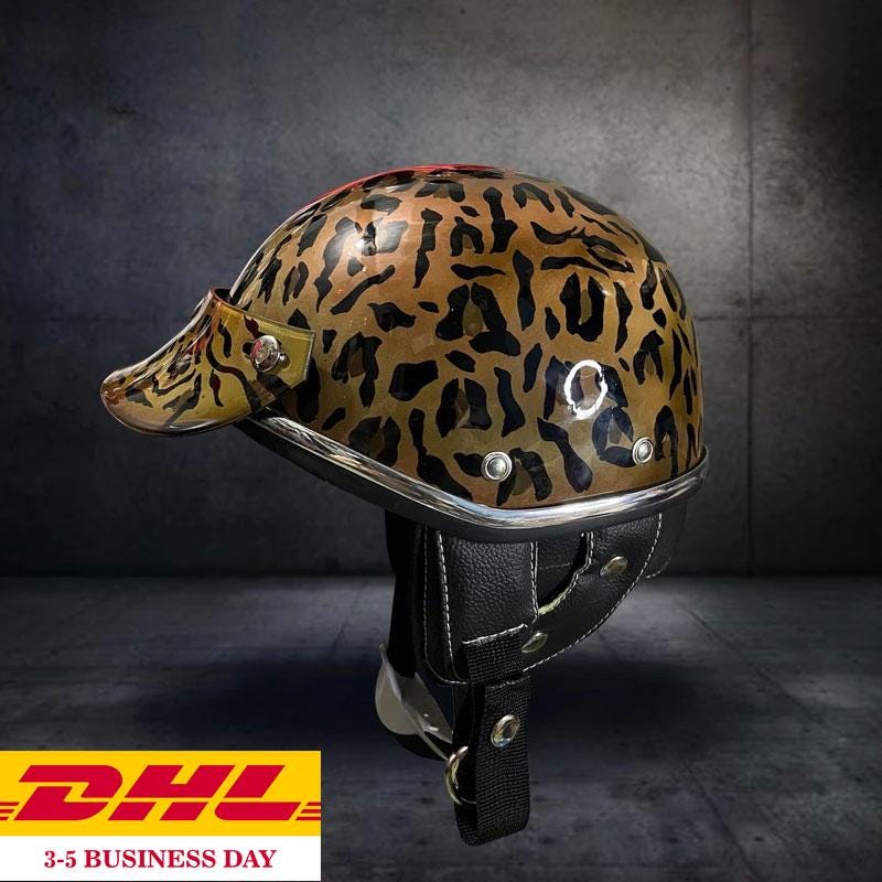 New ! Vintage Custom Open Face Helmet Eclipse Leopard Suede Cafe