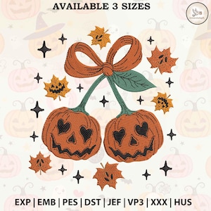 Pumpkin Cherry Coquette Embroidery Design, Autumn Girly Machine Embroidery, Halloween Fall Embroidery File ESS167