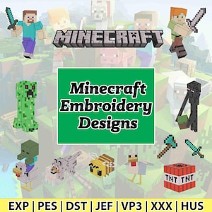 May include: A vibrant image featuring various Minecraft characters and the game's logo. The central focus is a green square with the text "Minecraft Embroidery Designs." Surrounding the text are pixelated figures like Steve, a Creeper, and a TNT block. The image also includes file format abbreviations.