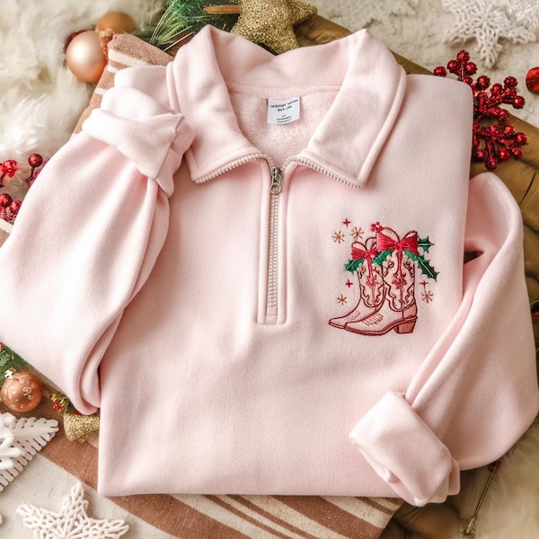 Embroidered Cowgirl Boots Christmas Quarter Zip Sweatshirt
