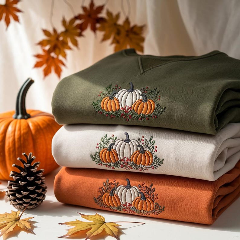 May include: A stack of three sweatshirts in olive green, cream, and orange, each embroidered with a pumpkin design. The pumpkins are white and orange, surrounded by green leaves and red berries. A pumpkin and pinecone are in the background.