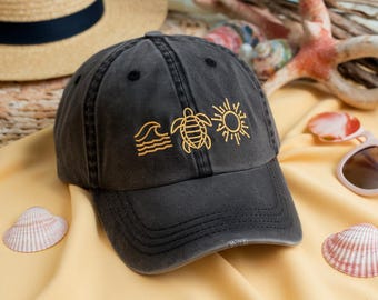 Embroidered Ocean Turtle Sun Hat: Beach Washed Cotton  display picture 3