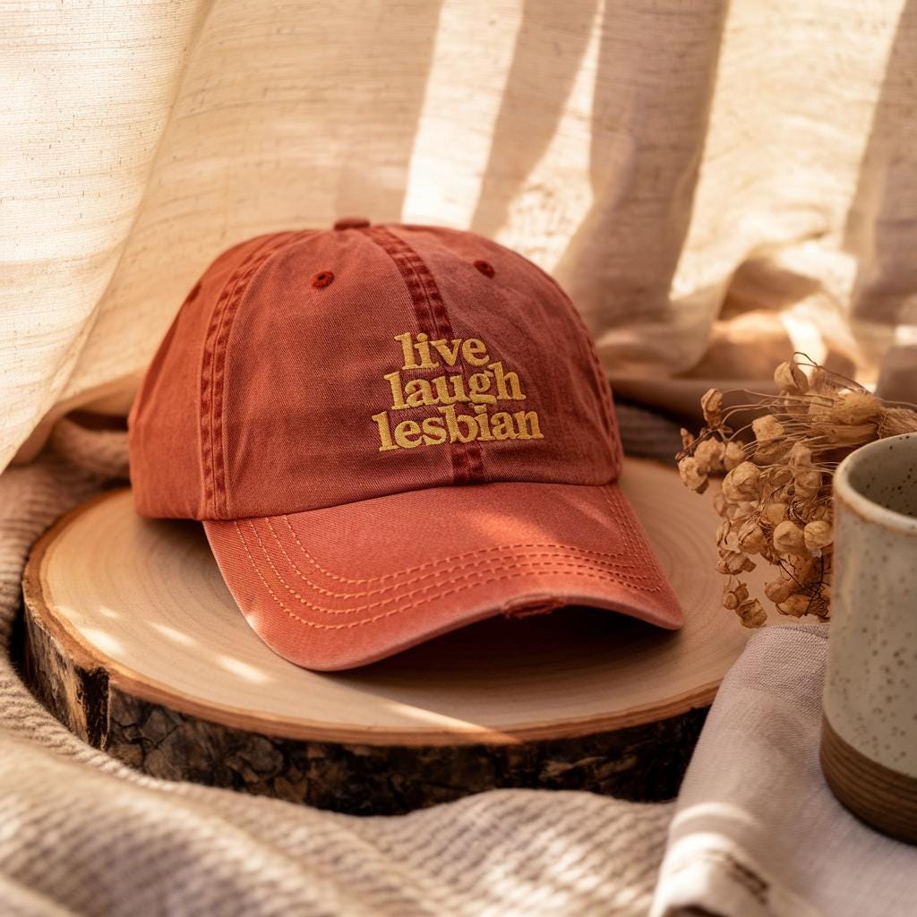 Embroidered Live Laugh Lesbian Corduroy Washed Hat | LGBTQIA+ Pride Baseball Cap | Queer Fashion Washed Cap