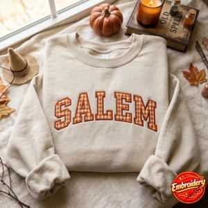 Könnte beinhalten: Ein beigefarbenes Sweatshirt mit Rundhalsausschnitt und dem Wort SALEM, das in einer Schriftart im College-Stil gestickt ist. Die Buchstaben sind mit einem orange-weißen Vichy-Karo-Muster gefüllt und mit dunkelorangem Garn umrandet.