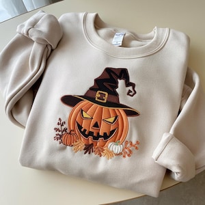 Embroidered Pumpkin Sweatshirt- Pumpkin Scary Pullover - Simple Fall Pumpkin Crewneck - Halloween Sweatshirt - Thanksgiving - Witch Gifts