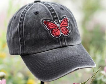 New Custom Designed Washed Gray Baseball Cap with Black Shear Spotted Butterfly Women main image 3