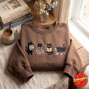 Embroidered Black Cats Reading Sweatshirt, Book Lover Cat Sweatshirt, Cozy Reader Gift For Her