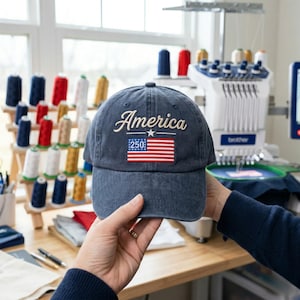 Może przedstawiać: Granatowa czapka bejsbolowa z napisem "America" wyhaftowanym białą czcionką. Czapka posiada małą naszywkę z flagą amerykańską i numerem "250". Czapka jest trzymana przed oknem i maszyną do szycia.