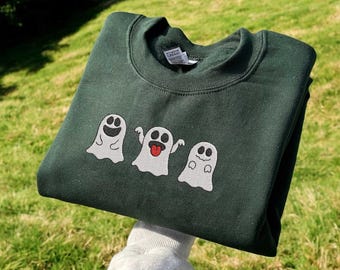 Embroidered Halloween Ghost Sweatshirt, Fall Pullover