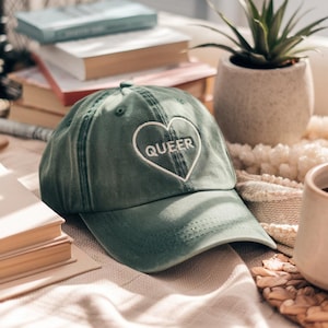Queer Conversation Heart Embroidered Washed Hat | LGBTQIA+ Washed Cap | Valentine&#39;s Day Hat, LGBT Gifts, Pride Month Hat