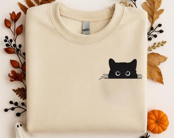 Geborduurd Cat Peeking-sweater, cadeau voor kattenliefhebber
