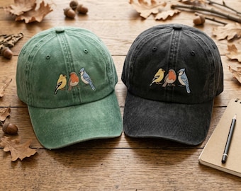 Embroidered Bird Baseball Cap, Washed Cotton Nature Lover Hat