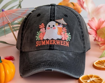 Embroidered Summerween Ghost Hat, Spooky Season Cap