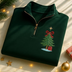 Embroidered Christmas Tree Quarter Zip Sweatshirt: Coquette Holiday Style