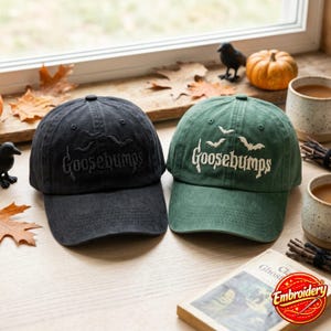 Haftowana czapka z motywem gęsiej skórki na Halloween, czapka z motywem nawiedzonego domu, czapka z grafiką horroru, czapka z motywem filmu na Halloween, czapka z okazji upiornego sezonu