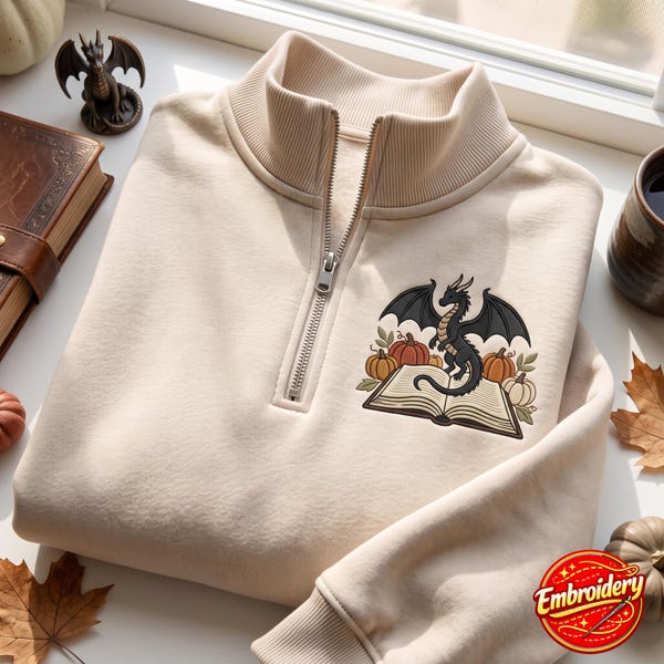Embroidered Dragon and Daisies Quarter Zip Sweatshirt, Fantasy Reader Gift