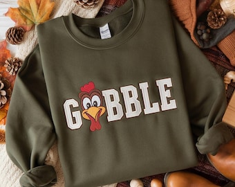 Embroidered Gobble Turkey Sweatshirt, Thanksgiving Trendy Hoodie