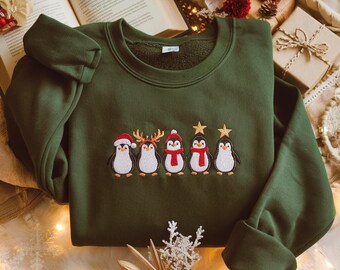 Embroidered Christmas Penguin Sweatshirt, Festive Holiday Crewneck