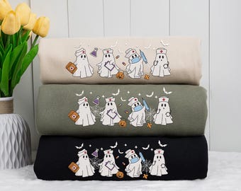 Embroidered Ghost Nurse Sweatshirt, Spooky Halloween Shirt, Fall Tee