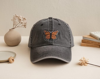 Embroidered Monarch Butterfly Washed Hat, Baseball Cap, Sun  display picture 3