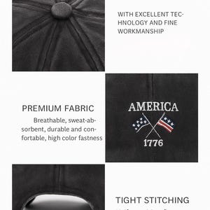 May include: Black baseball cap with "AMERICA" embroidered on the front, along with crossed flags and the year "1776". The cap features a curved brim and an adjustable strap. The fabric is breathable and durable.