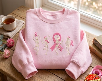 Embroidered Breast Cancer Awareness Sweatshirt, Pink Skeleton Shirt, In October We Wear Pink Tee, Dancing Skeleton Shirt